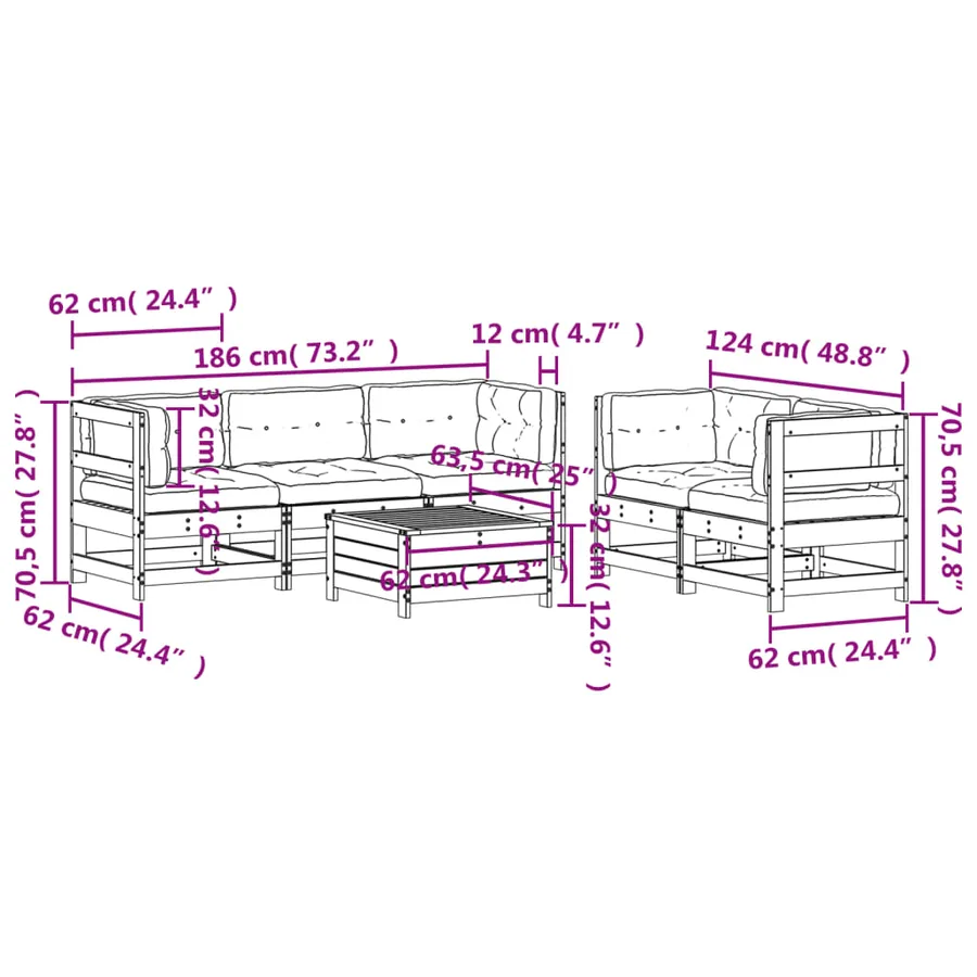Salon de jardin 6 pcs avec coussins Bois de pin massif - 10