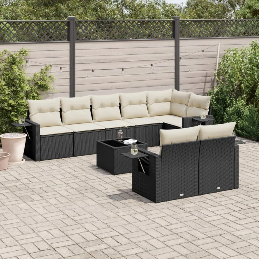 Salon de jardin 9 pcs avec coussins noir résine tressée