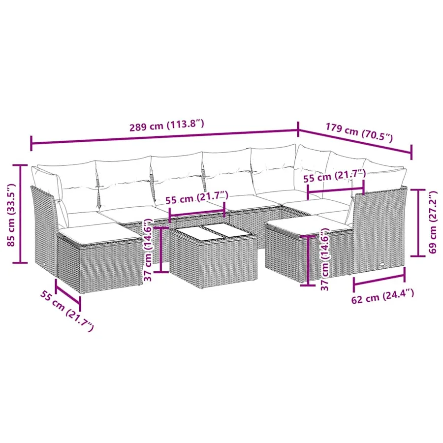 Salon de jardin 10 pcs avec coussins noir résine tressée - 3