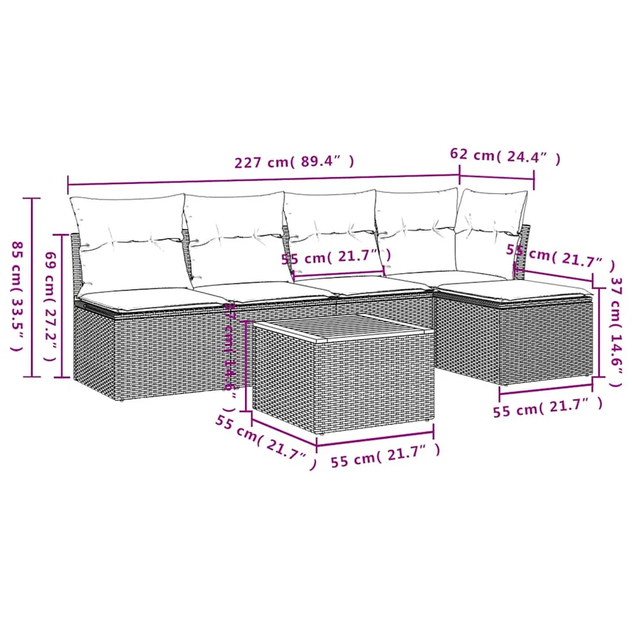 Salon de jardin 6 pcs avec coussins noir résine tressée - 11