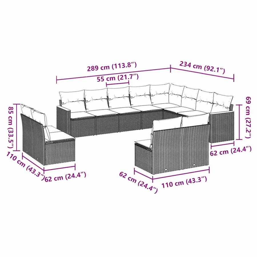Salon de jardin 12 pcs avec coussins noir résine tressée - 3