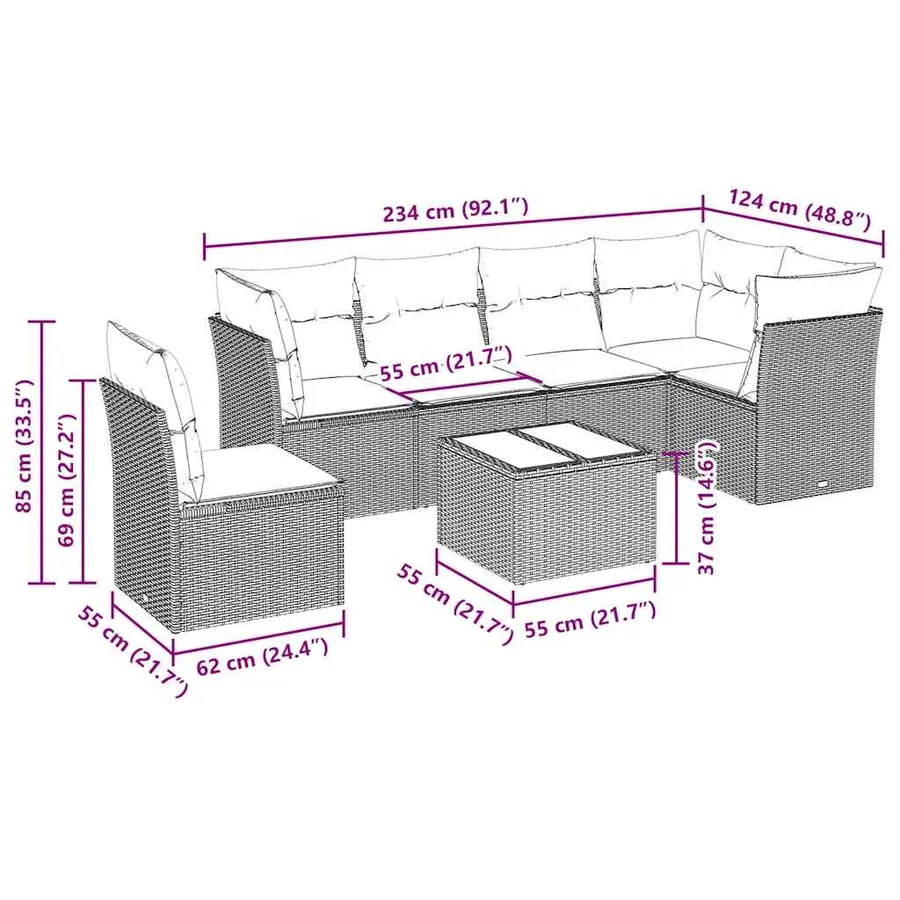 Salon de jardin 7 pcs avec coussins noir résine tressée 62 x 62 x 69 cm - 60,9 kg - 3