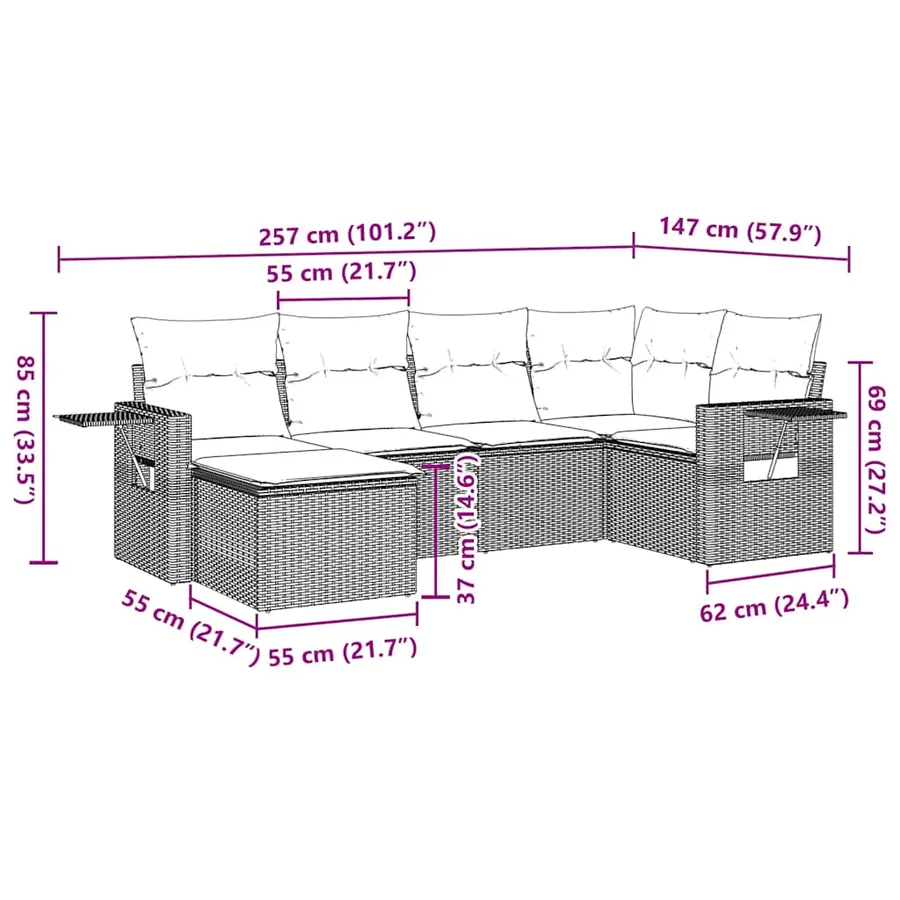 Salon de jardin 7 pcs avec coussins noir résine tressée 62 x 62 x 69 cm - 60,9 kg - 4
