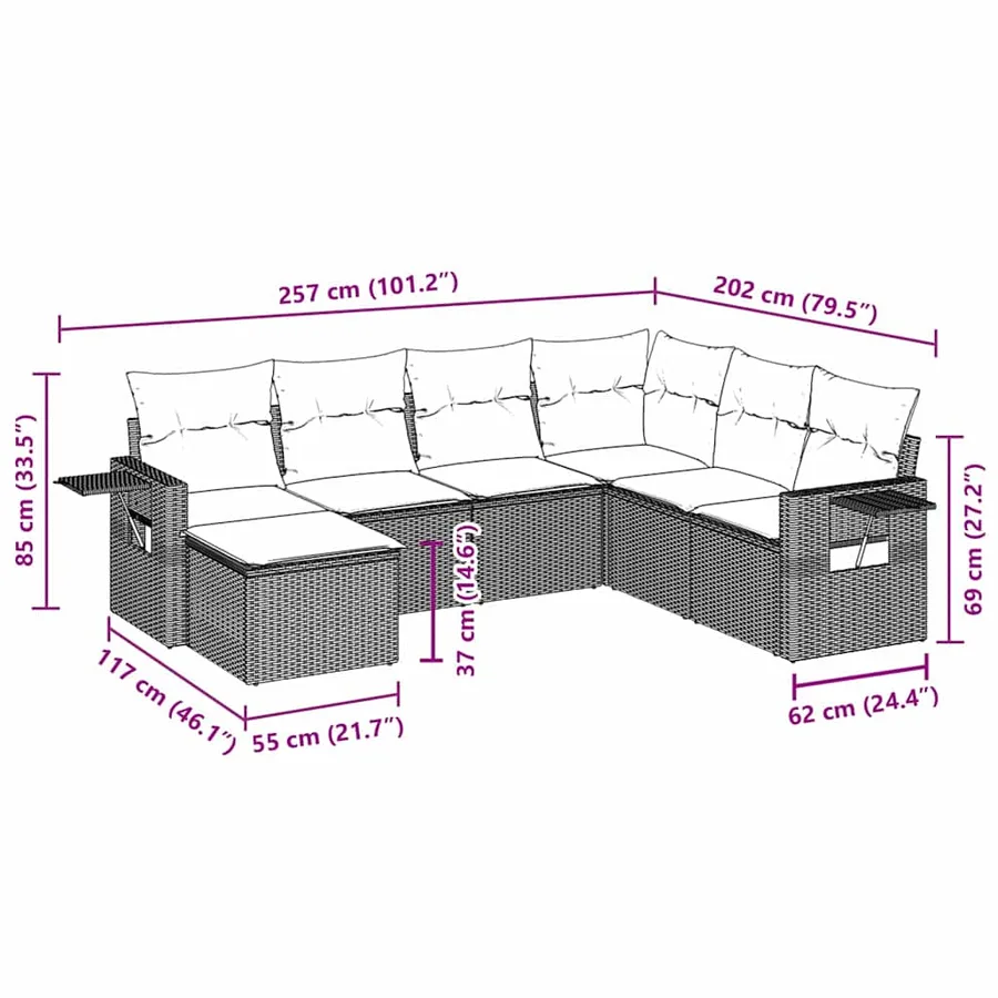 Salon de jardin 7 pcs avec coussins noir résine tressée 55 x 62 x 69 cm - 60,0 kg - 3