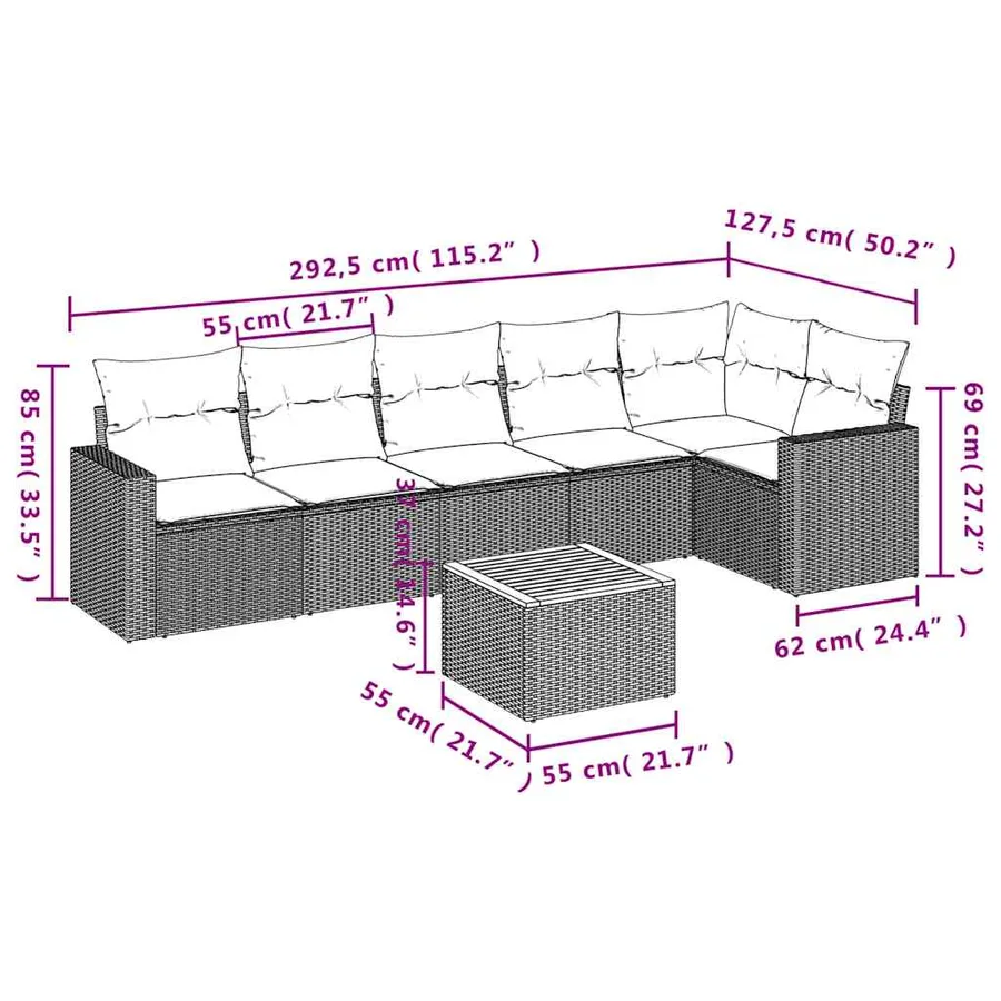 Salon de jardin 7 pcs avec coussins noir résine tressée 62 x 62 x 69 cm - 59,4 kg - 12