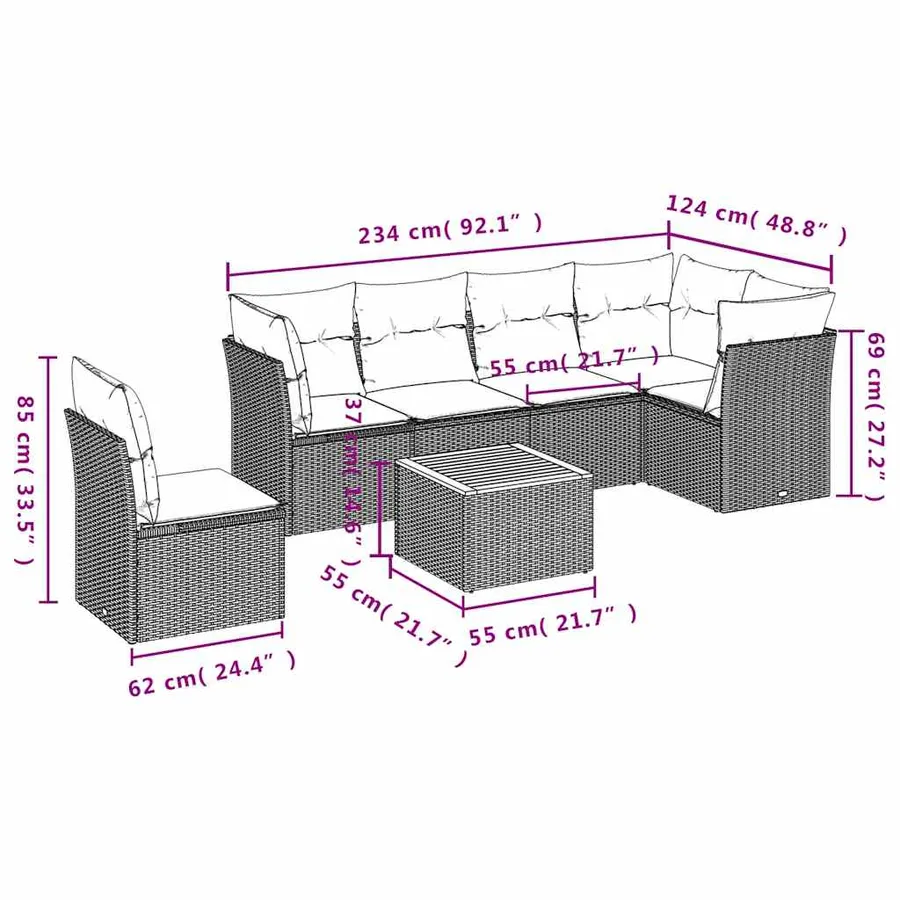 Salon de jardin 7 pcs avec coussins noir résine tressée 62 x 62 x 69 cm - 60,1 kg - 10