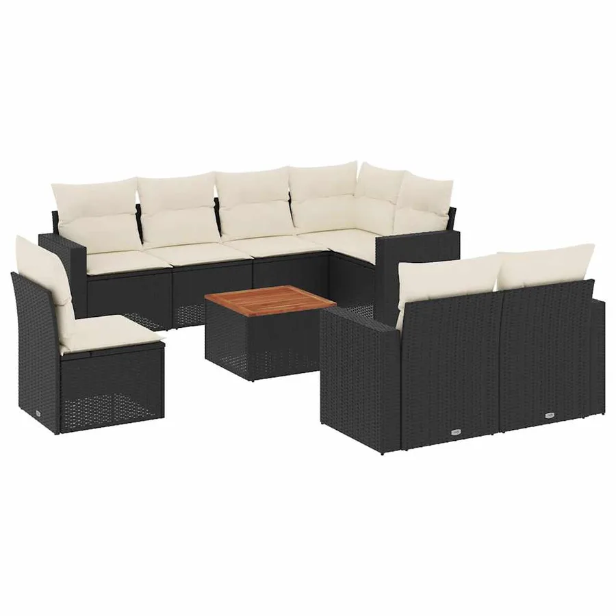 Salon de jardin 9 pcs avec coussins noir résine tressée - 2