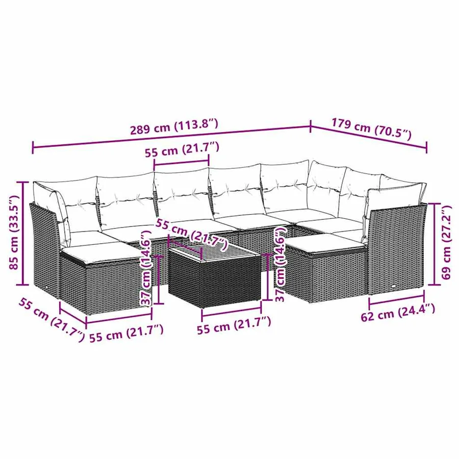 Salon de jardin 10 pcs avec coussins noir résine tressée - 11