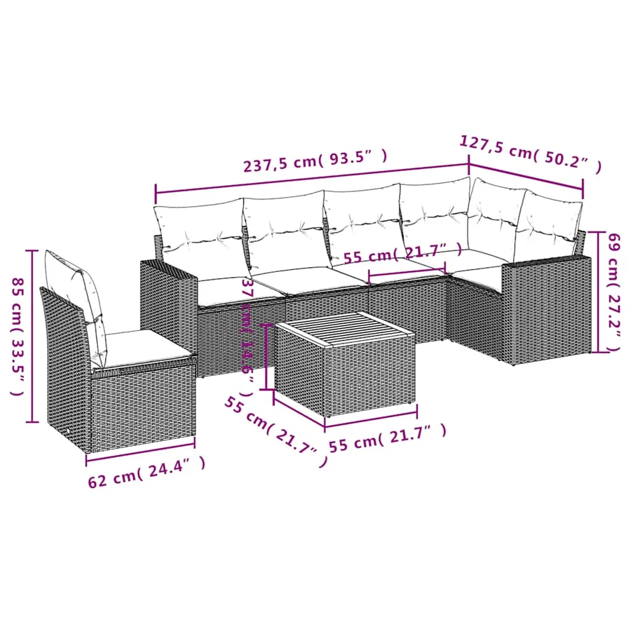 Salon de jardin 7 pcs avec coussins noir résine tressée 62 x 62 x 69 cm - 59,4 kg - 12