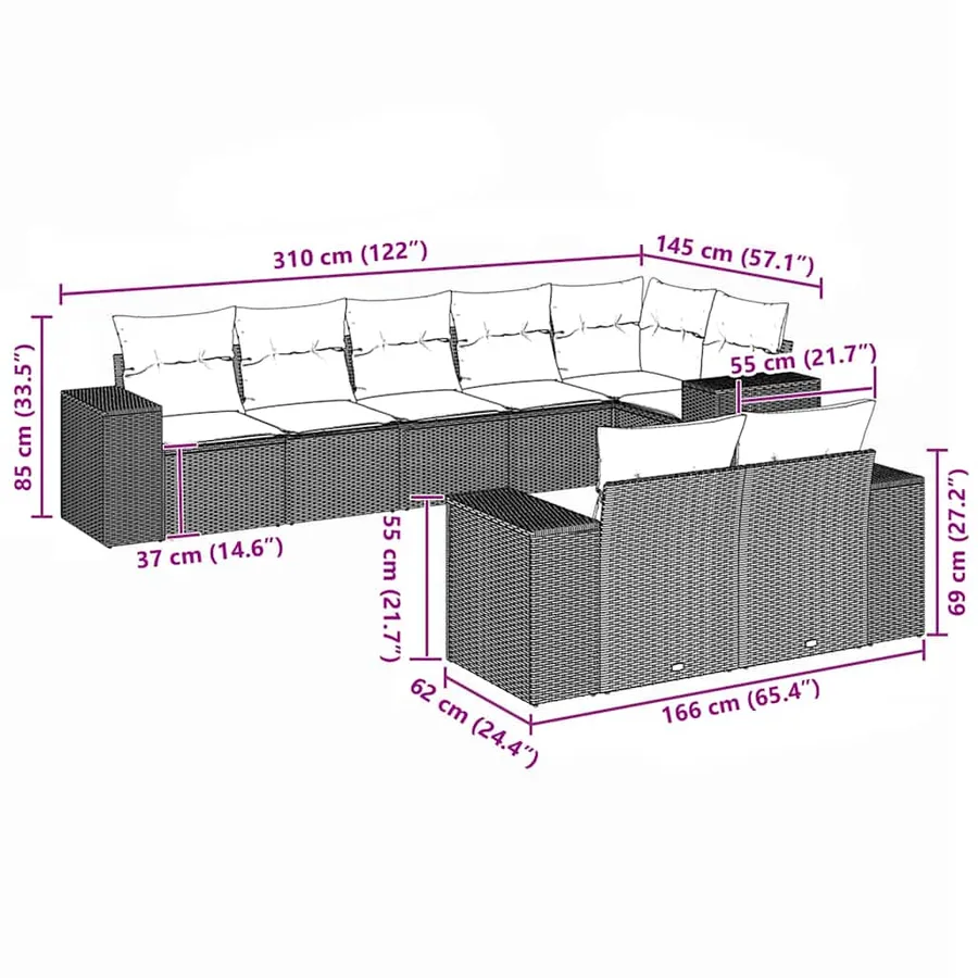 Salon de jardin 8 pcs avec coussins noir résine tressée - 3