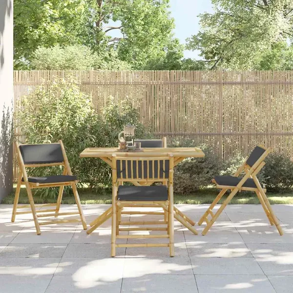 Ensemble de bistro pliante 5 pcs et coussins gris foncé bambou
