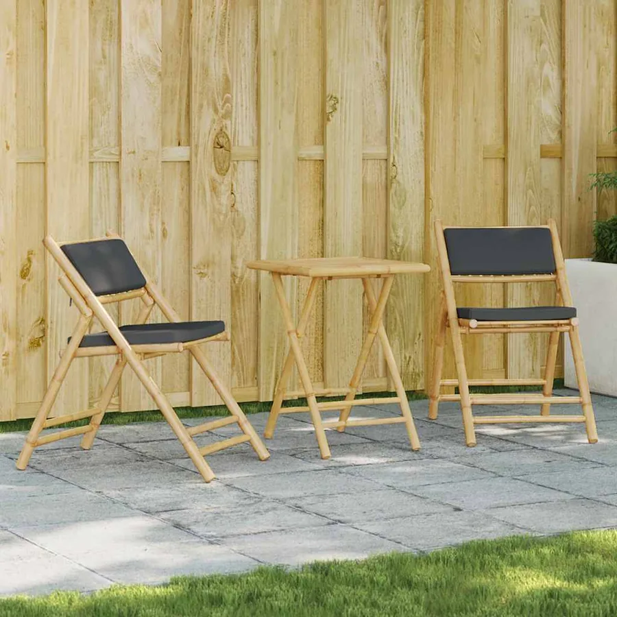 Ensemble de bistro pliante 3 pcs et coussins gris foncé bambou