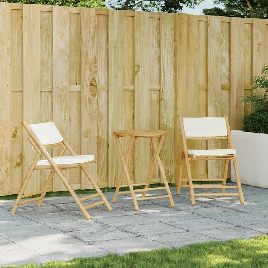 Ensemble de bistro pliante 3 pcs et coussins blanc crème bambou
