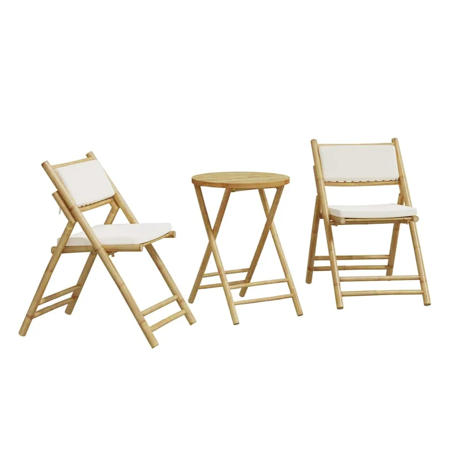 Ensemble de bistro pliante 3 pcs et coussins blanc crème bambou - 2