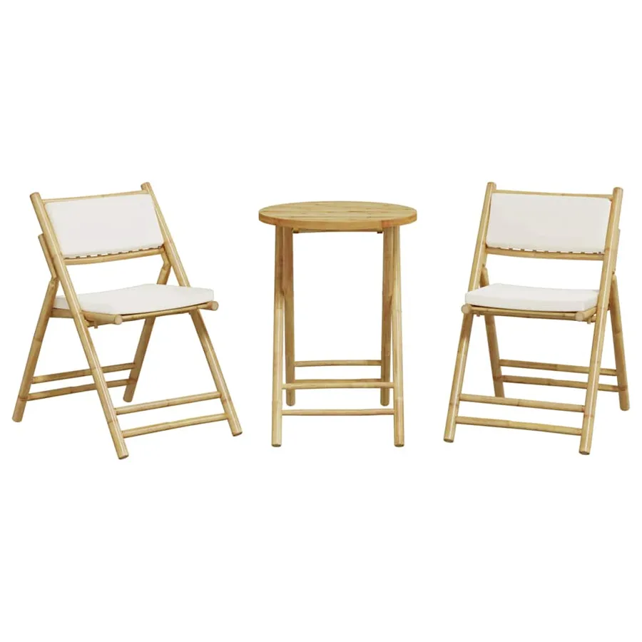 Ensemble de bistro pliante 3 pcs et coussins blanc crème bambou - 4