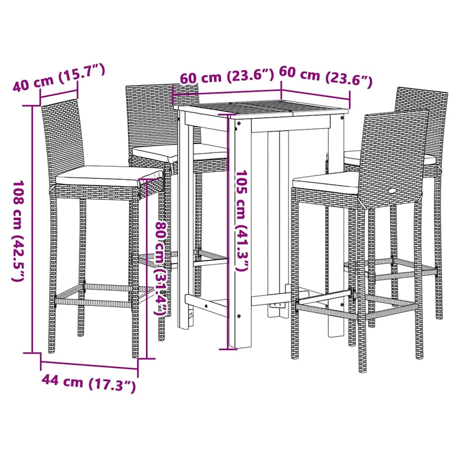 Ensemble de bar de jardin 5 pcs noir bois massif acacia rotin - 11