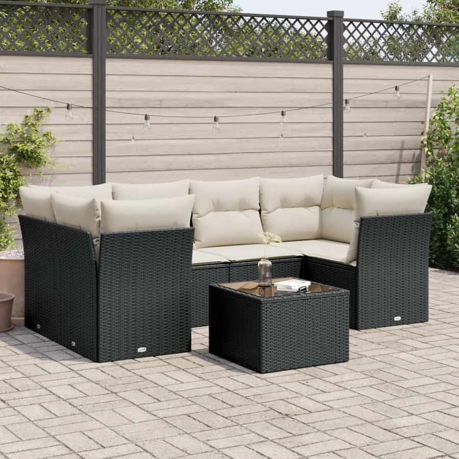 Salon de jardin 7 pcs avec coussins noir résine tressée 62 x 62 x 69 cm - 63,6 kg