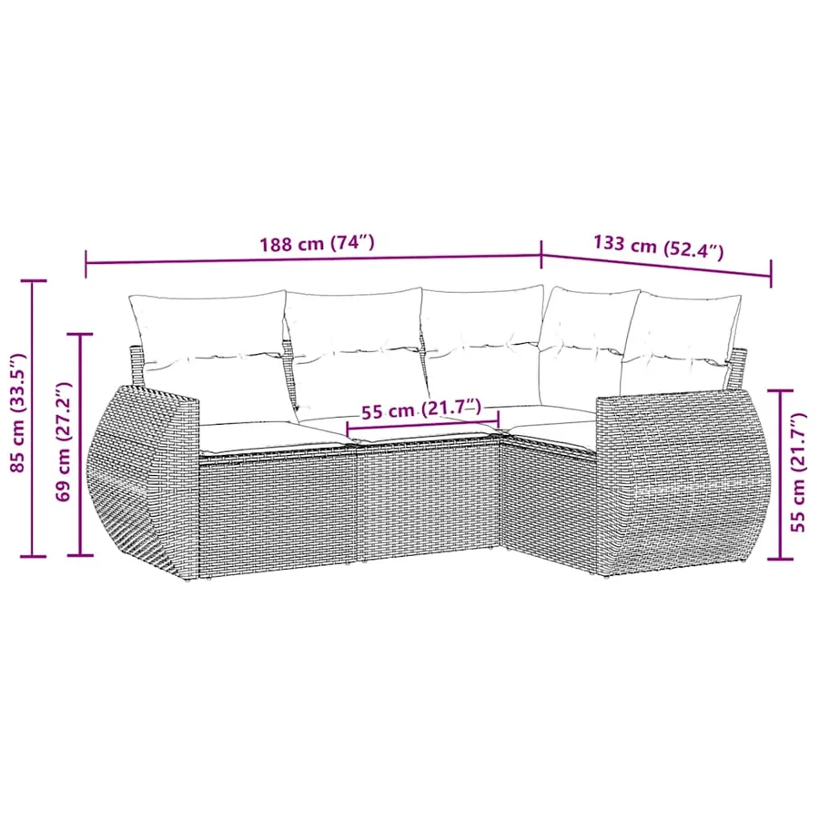Salon de jardin 4 pcs avec coussins noir résine tressée - 3