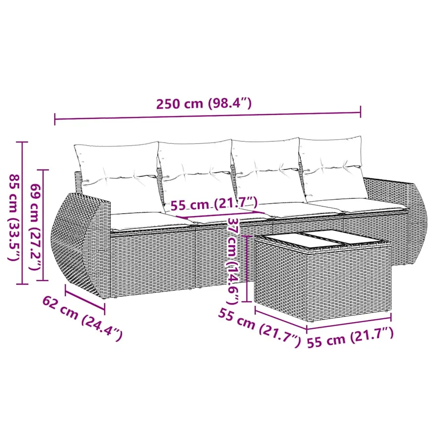Salon de jardin 5 pcs avec coussins noir résine tressée - 3