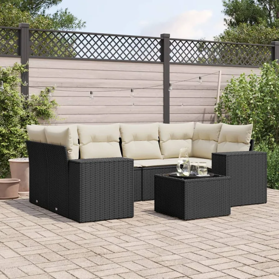 Salon de jardin 7 pcs avec coussins noir résine tressée 62 x 62 x 69 cm - 66,1 kg