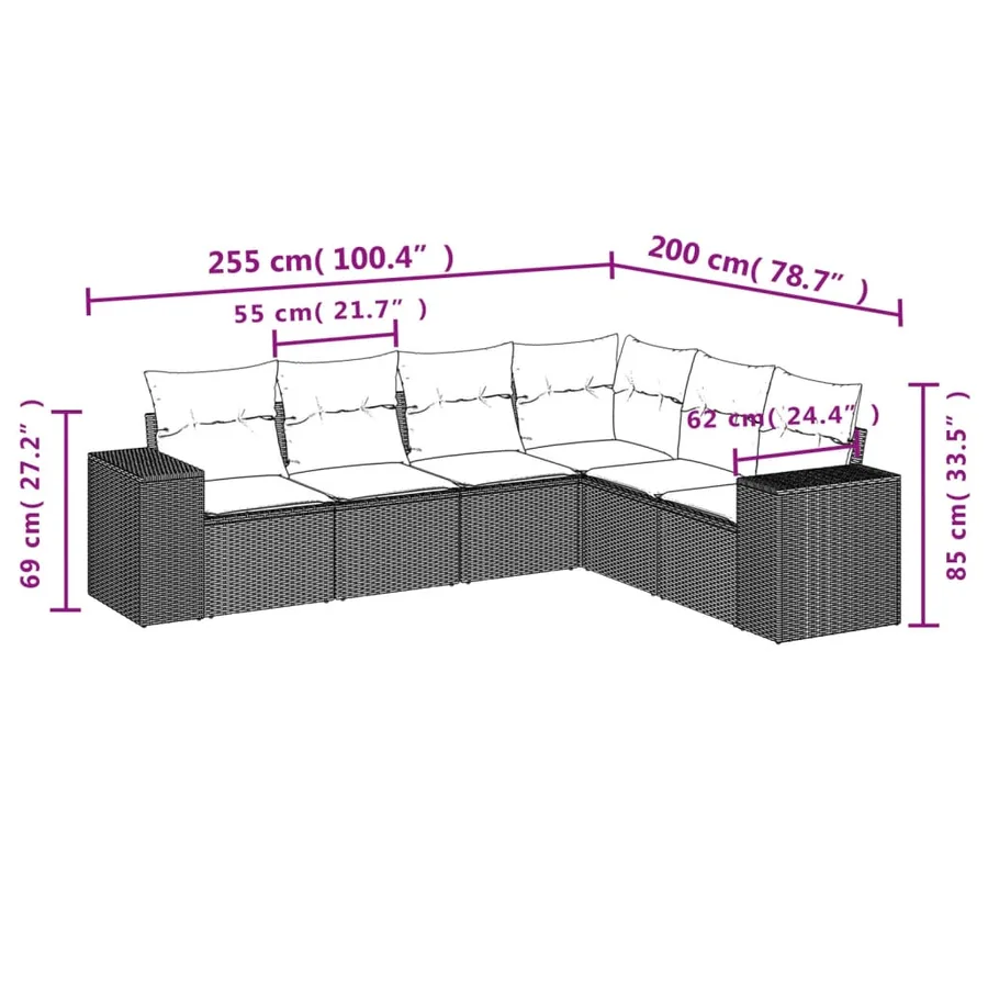 Salon de jardin 6 pcs avec coussins noir résine tressée - 3