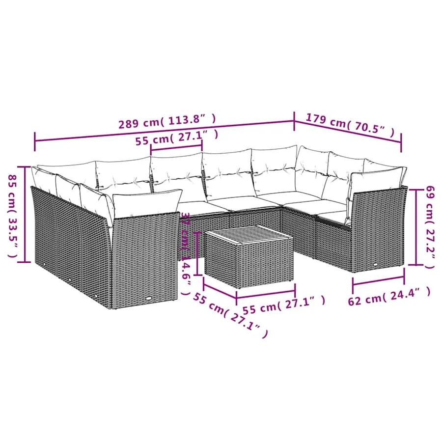 Salon de jardin 10 pcs avec coussins noir résine tressée - 10