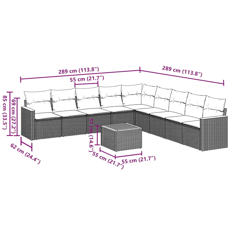 Salon de jardin 10 pcs avec coussins noir résine tressée - 3