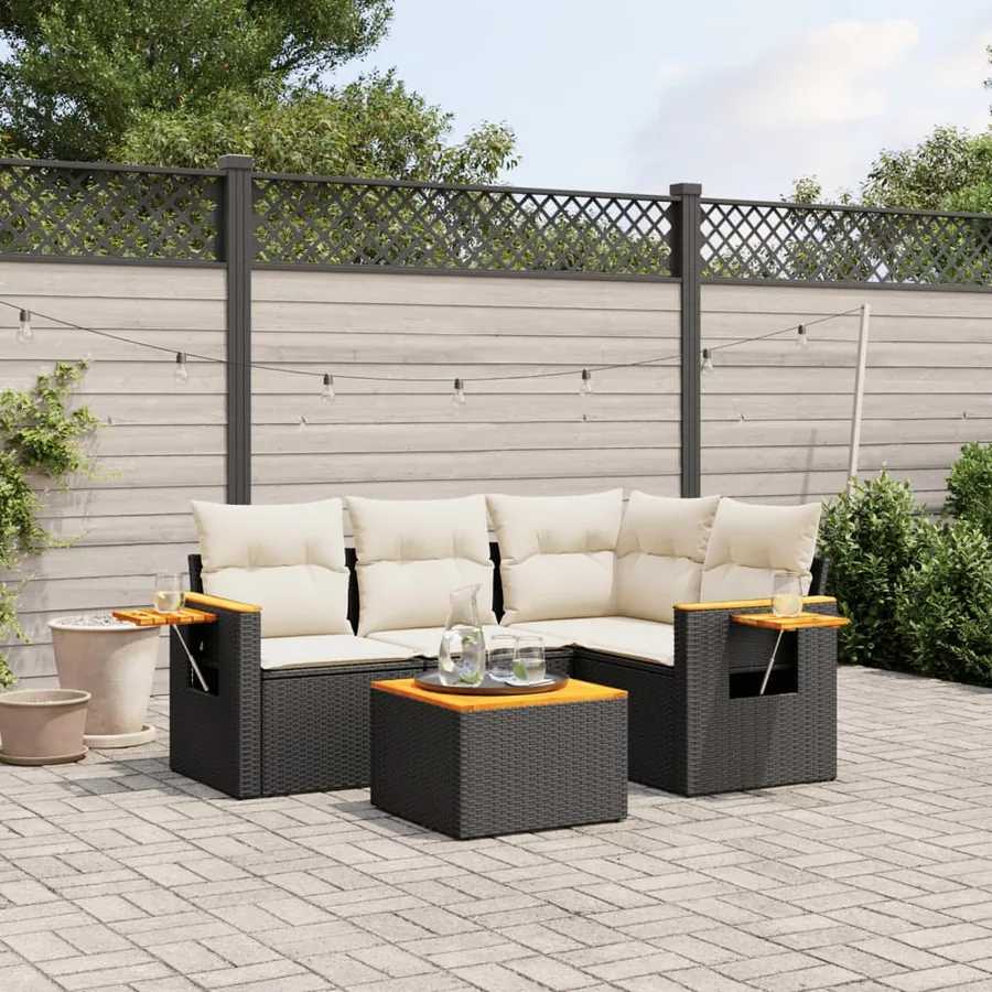 Salon de jardin 5 pcs avec coussins noir résine tressée