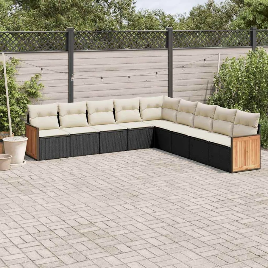 Salon de jardin 9 pcs avec coussins noir résine tressée
