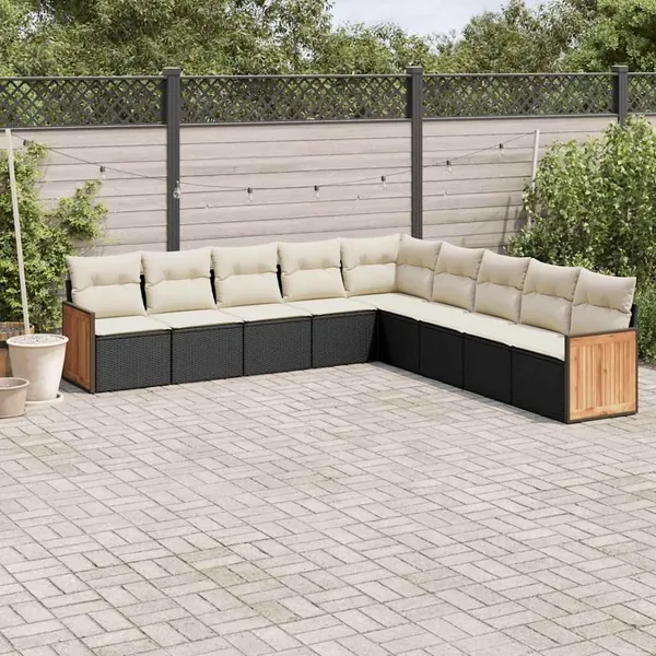 Salon de jardin 9 pcs avec coussins noir résine tressée