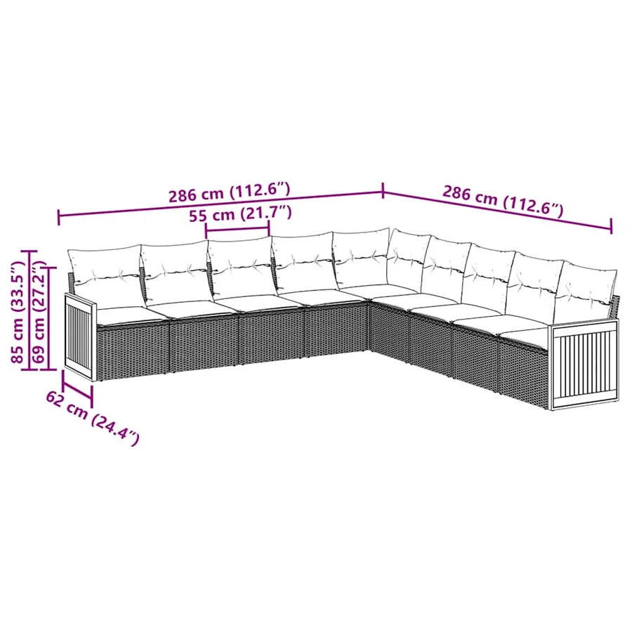 Salon de jardin 9 pcs avec coussins noir résine tressée - 3