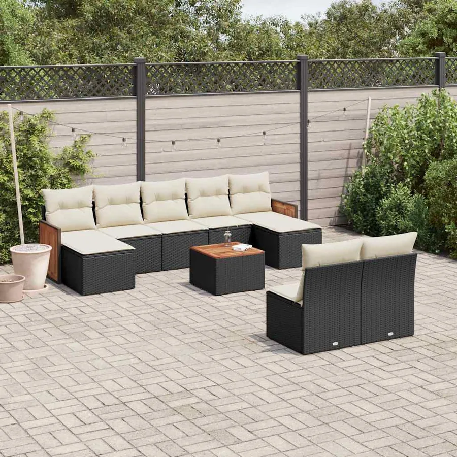 Salon de jardin 10 pcs avec coussins noir résine tressée