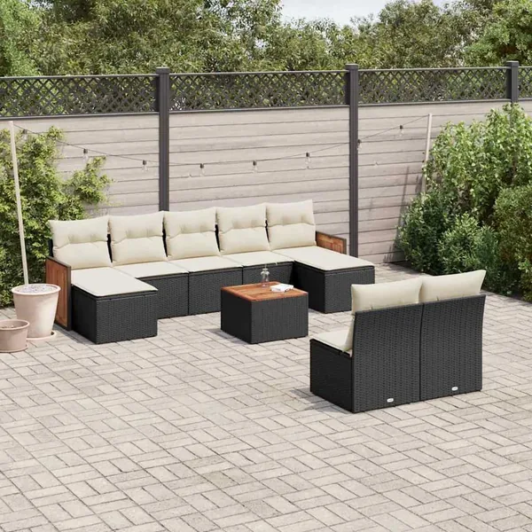 Salon de jardin 10 pcs avec coussins noir résine tressée