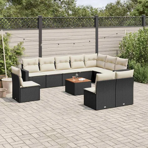 Salon de jardin 11 pcs avec coussins noir résine tressée