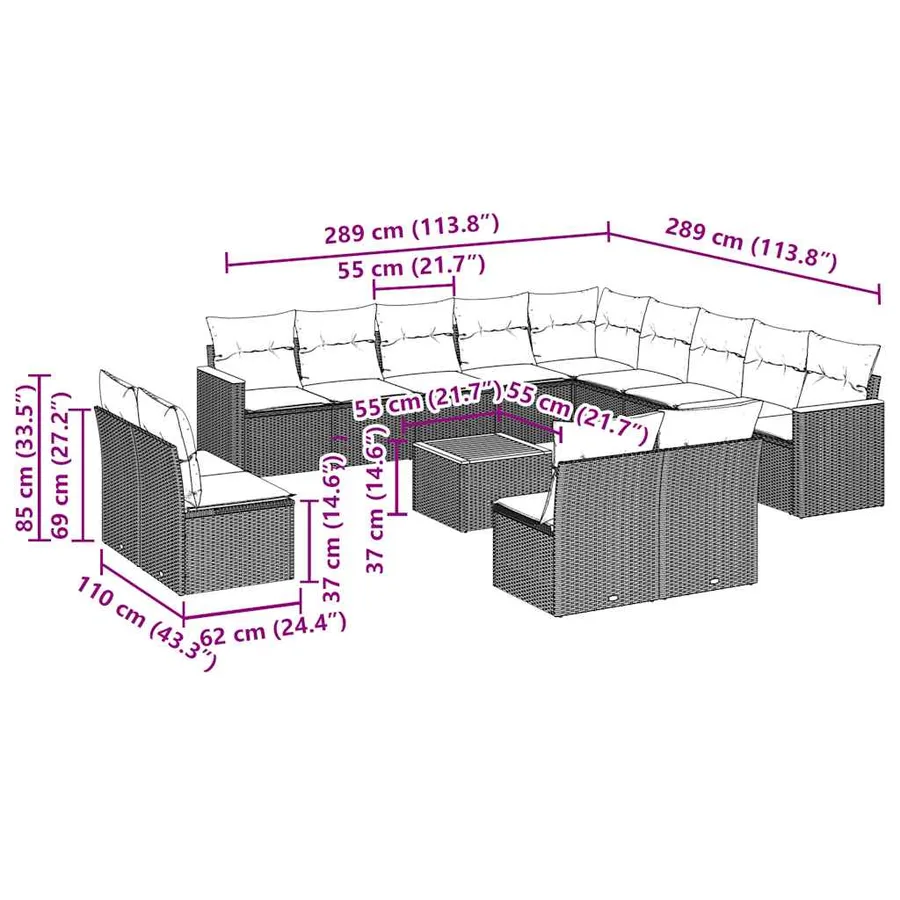 Salon de jardin avec coussins 14 pcs noir résine tressée - 3