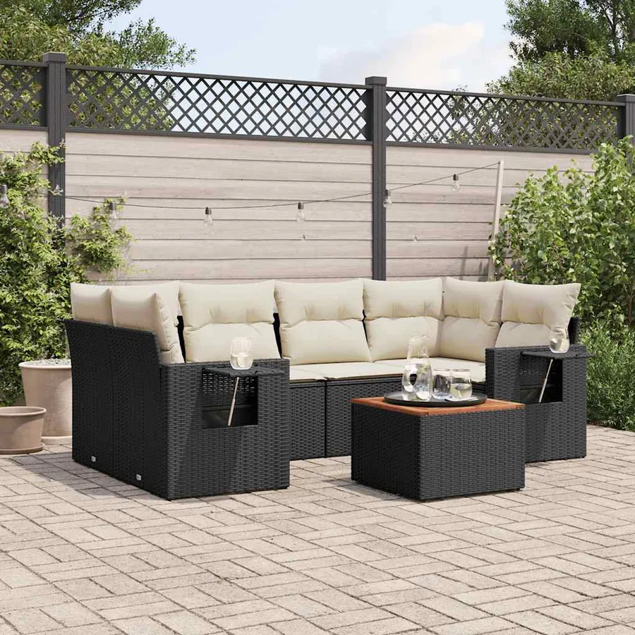 Salon de jardin 7 pcs avec coussins noir résine tressée 62 x 62 x 69 cm - 63,3 kg