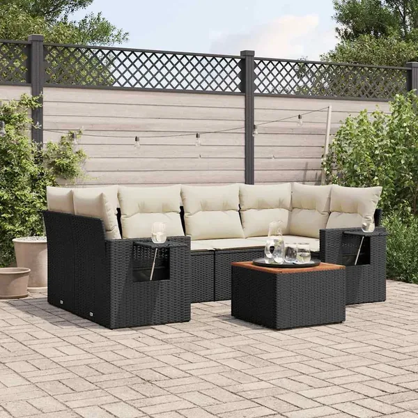 Salon de jardin 7 pcs avec coussins noir résine tressée 62 x 62 x 69 cm - 63,3 kg