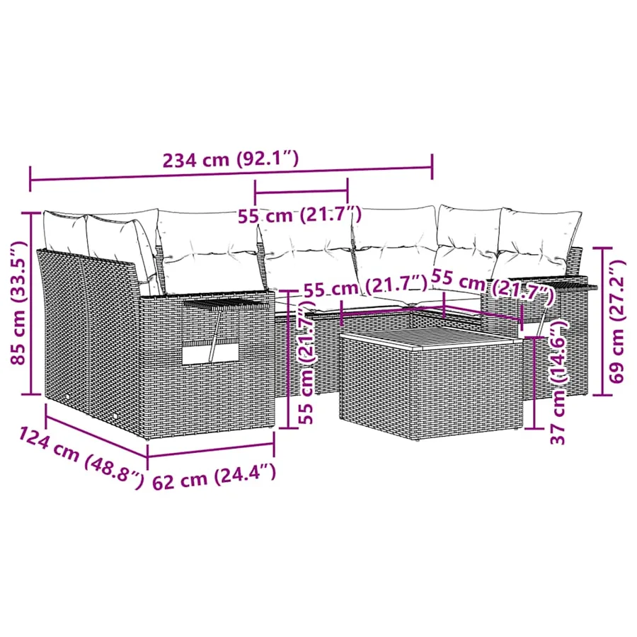 Salon de jardin 7 pcs avec coussins noir résine tressée 62 x 62 x 69 cm - 63,3 kg - 3