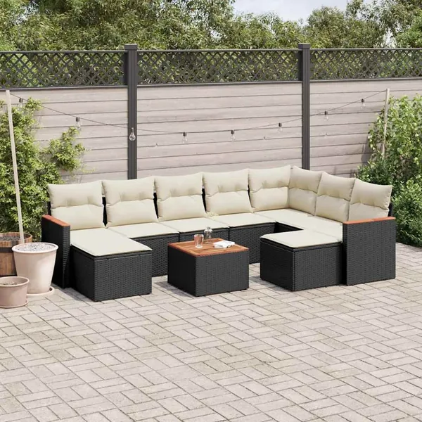 Salon de jardin 10 pcs avec coussins noir résine tressée