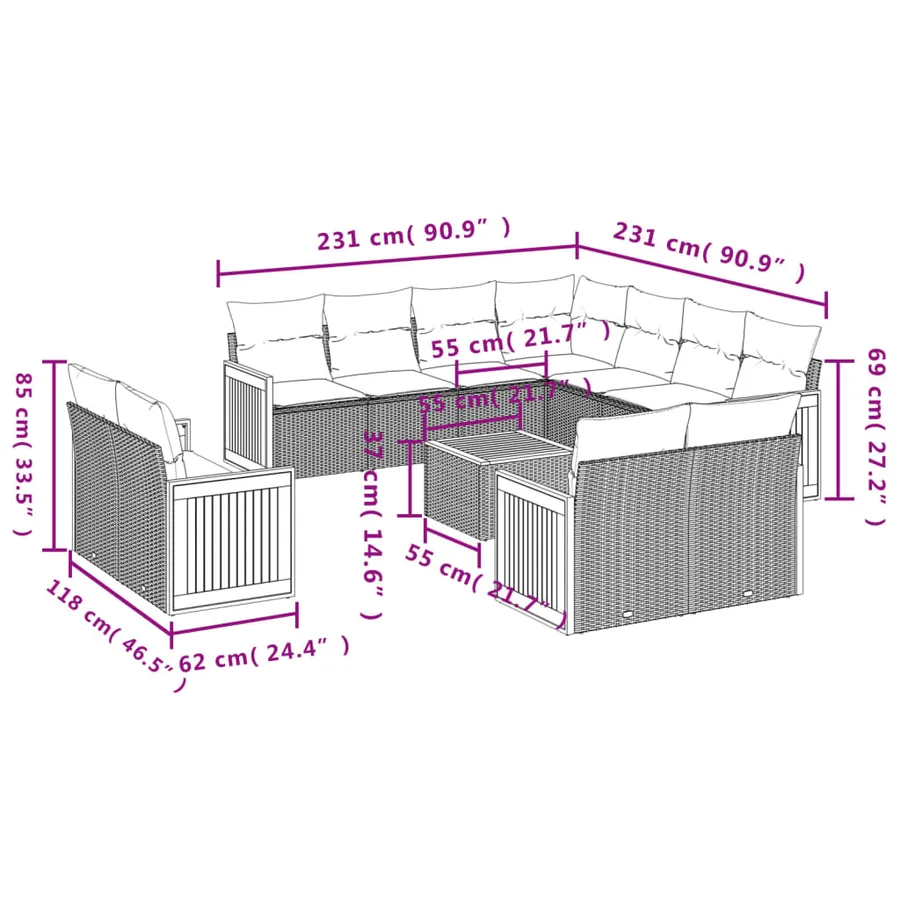 Salon de jardin 12 pcs avec coussins noir résine tressée - 3