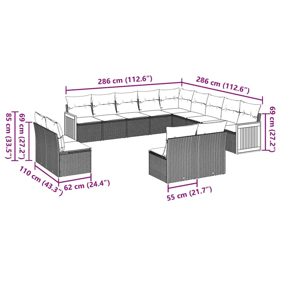 Salon de jardin avec coussins 13 pcs noir résine tressée - 3