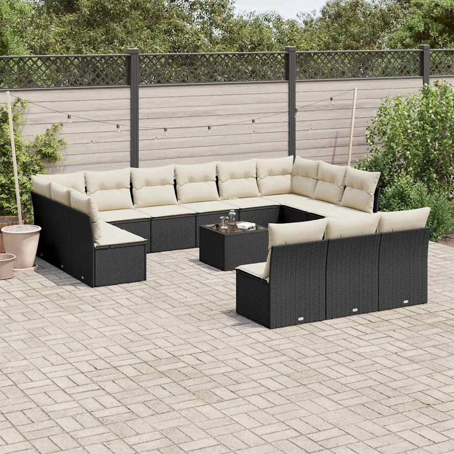 Salon de jardin avec coussins 14 pcs noir résine tressée