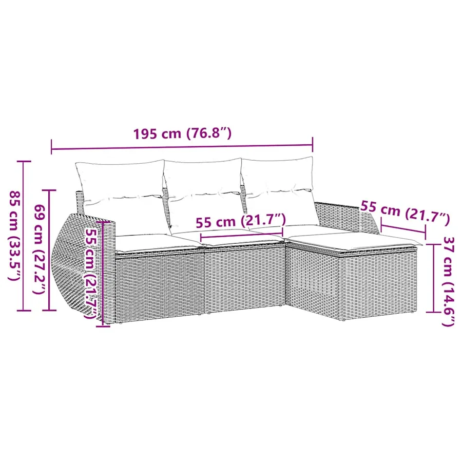 Salon de jardin 4 pcs avec coussins noir résine tressée - 3