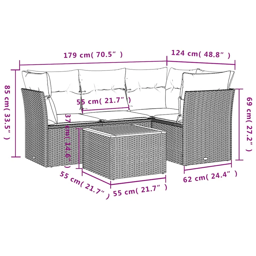 Salon de jardin 5 pcs avec coussins noir résine tressée - 10