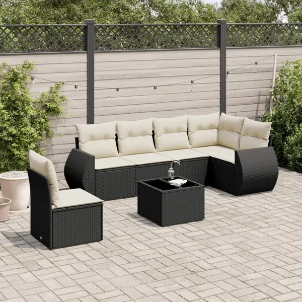 Salon de jardin 7 pcs avec coussins noir résine tressée 71 x 62 x 69 cm - 60,2 kg