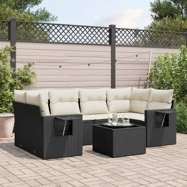 Salon de jardin 7 pcs avec coussins noir résine tressée 55 x 62 x 69 cm - 64,1 kg