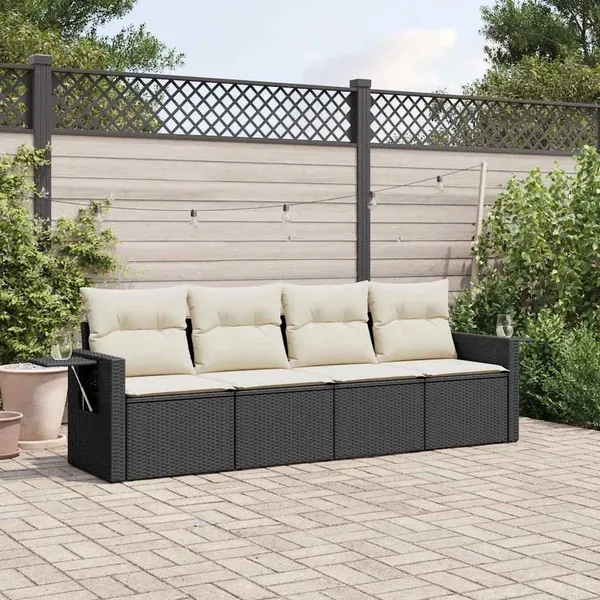 Salon de jardin 4 pcs avec coussins noir résine tressée