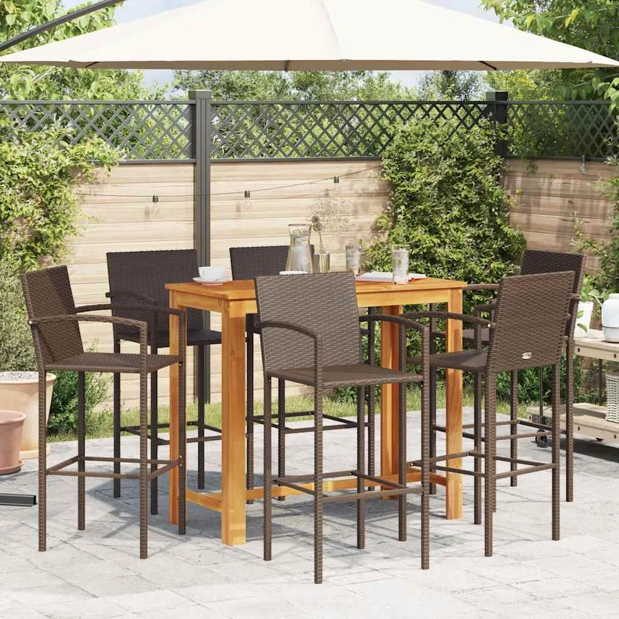 Ensemble de bar de jardin 7 pcs marron bois massif acacia rotin - 3