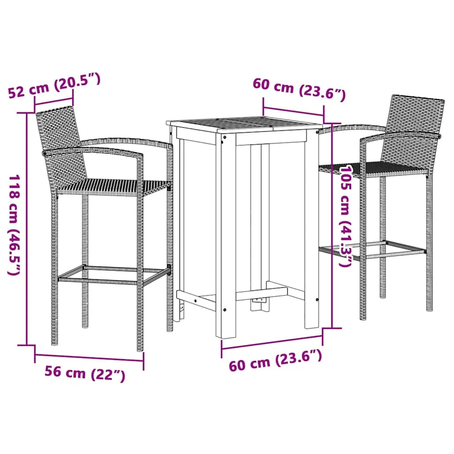 Ensemble de bar de jardin 3 pcs marron bois massif acacia rotin - 11