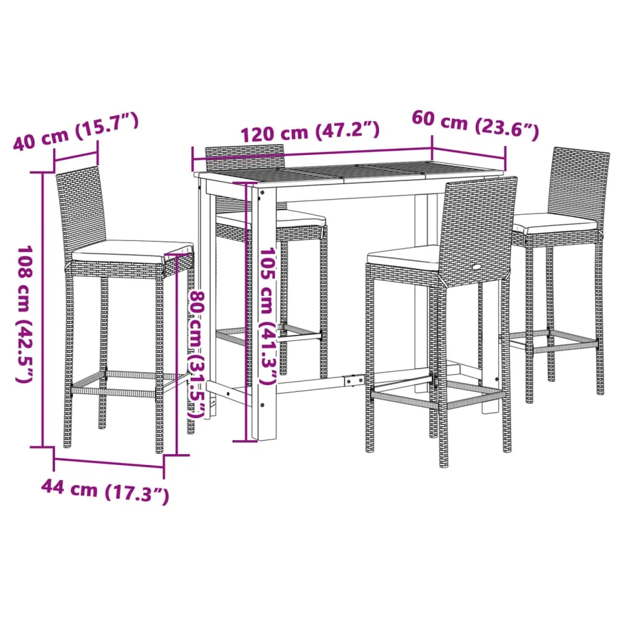 Ensemble de bar de jardin 5 pcs gris bois massif acacia rotin - 11